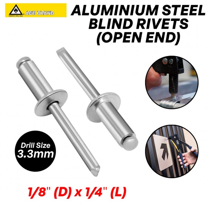Ace Brand Aluminium Steel Silver Blind Rivets (Open End) 1/8" (D) x 1/4" (L) (20PCS/PKT)