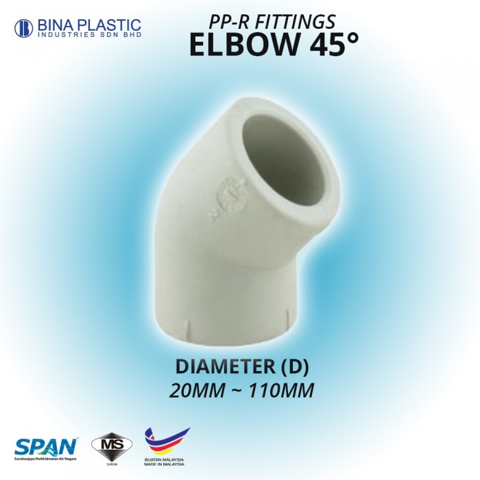 Bina Plastic PP-R Fittings Elbow 45° 75MM (1 PC)