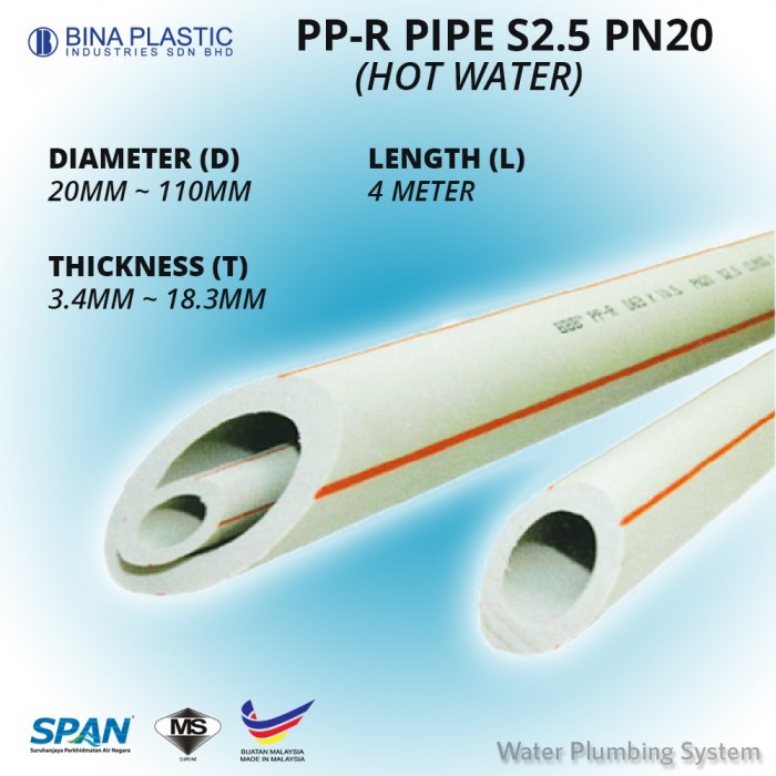 Bina Plastic PP-R Pipe PN20 S2.5 63MM (OD) x 10.5MM (T) x 4M (L) (HOT WATER) (1 LENGTH)
