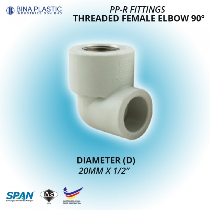 Bina Plastic PP-R Fittings Threaded Female Elbow 90° 20MM x 1/2" (1 PC)