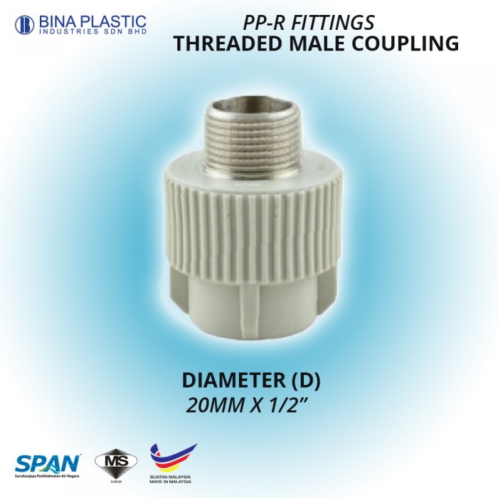 Bina Plastic PP-R Fittings Threaded Male Coupling 20MM x 1/2" (1 PC)