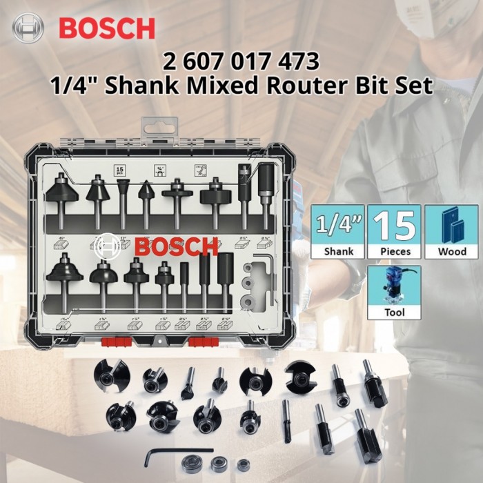 BOSCH Mixed Router Bit Set 1/4" Shank 15PCS (2607017473)