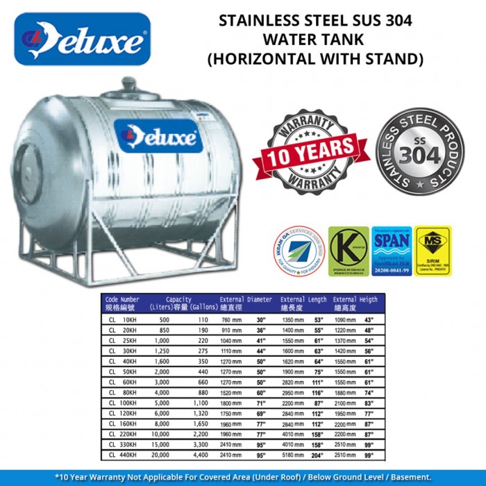 Deluxe CL100KH Horizontal With Stand SUS304 Stainless Steel Water Tank 5000L/1100G