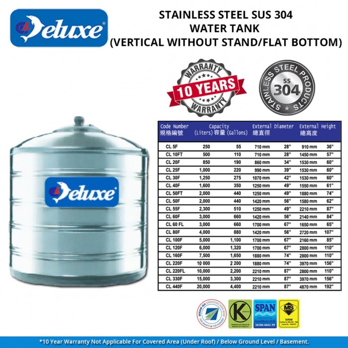 Deluxe CL10FT Vertical Flat Bottom Without Stand SUS304 Stainless Steel Water Tank 500L/110G