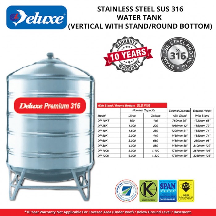 Deluxe DP40K Round Bottom With Stand SUS316 Stainless Steel Water Tank 1600L/350G
