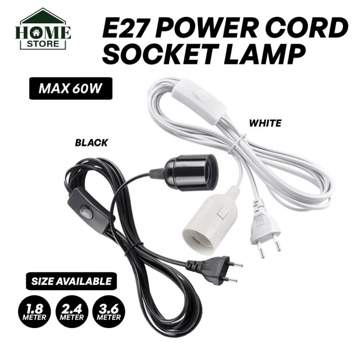 Home Store E27 Power Cord Socket Lamp Cable With Euro Type Plug Max 60W 1.8M/ 2.4M/ 3.6M (Black, White)