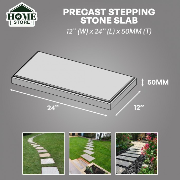 Home Store Precast Stepping Stone Slab For Gardening & Landscape 12'' 304.8MM (W) x 24'' 609.6MM (L) x 50MM (T) - Plain Finish