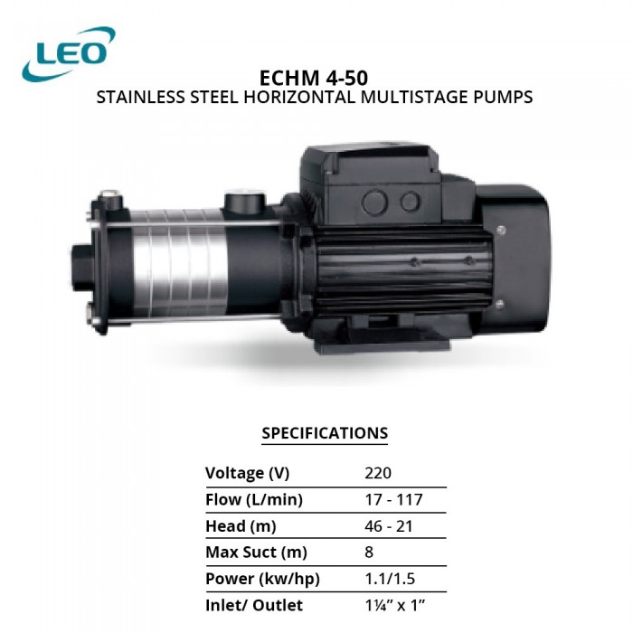 Leo ECHM 4-50 Stainless Steel 304 Horizontal Multistage Pump 1.1KW 1.5HP 