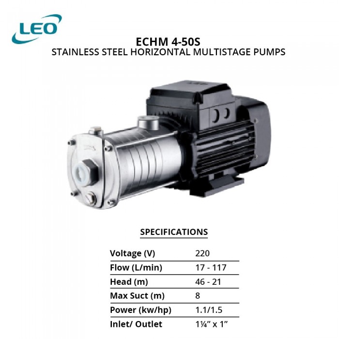 Leo ECHM 4-50S Stainless Steel 304 Horizontal Multistage Pump 1.1KW 1.0HP 