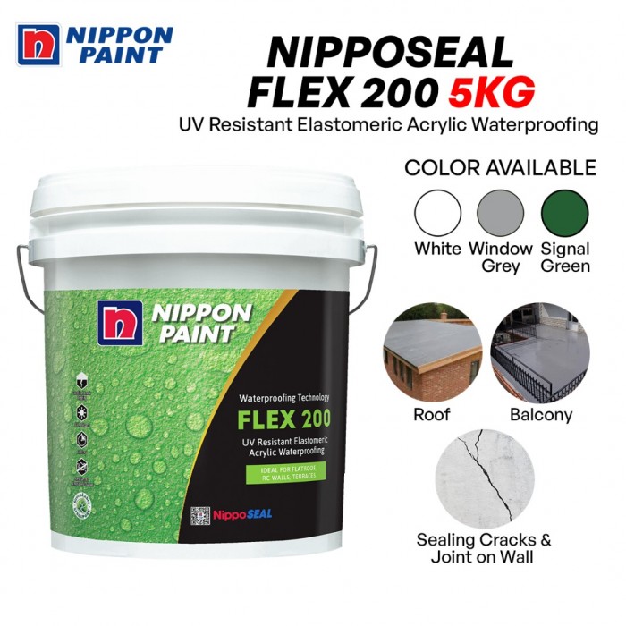 Nippon Paint Nipposeal Flex 200 UV Resistant Elastomeric Acrylic Waterproofing 5KG - Green / Grey / White