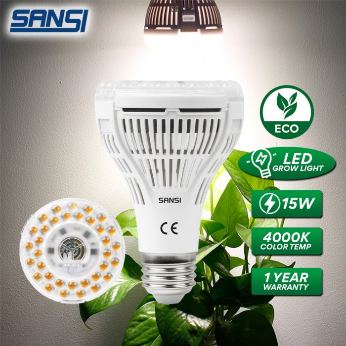 SANSI 15W ECO LED Grow Light Bulb 4000K Daylight Full Spectrum E27 And Sunlight White Grow Light Lamp For Indoor Garden Houseplants/Greenhouse