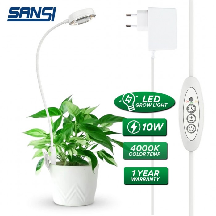 SANSI 10W Pot Clip LED Grow Light Goose Neck Full Spectrum 4000K Daylight With 4-Level Dimmable & Timer