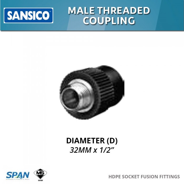 Sansico HDPE Socket Fusion Fittings SF-MTC32.1/2" Male Threaded Coupling 32MM x 1/2"