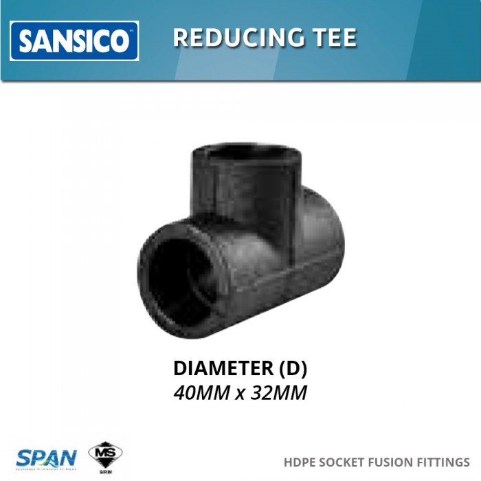 Sansico HDPE Socket Fusion Fittings SF-RT40.32 Reducing Tee 40MM x 32MM