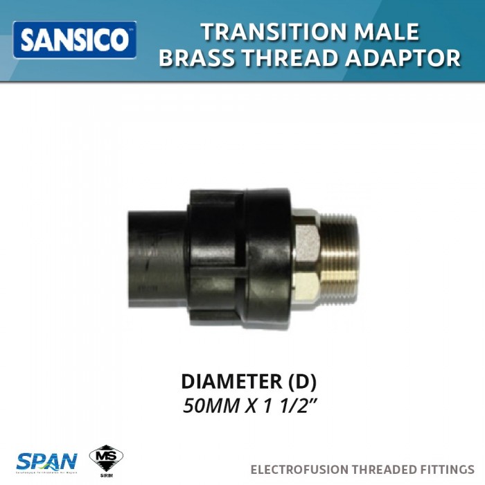 Sansico Electrofusion Fittings STMTA 50.1 1/2 Transition Male Brass Thread Adaptor (Fabricated Item) 50MM x 1 1/2"
