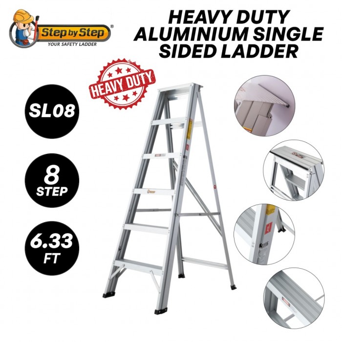 Step by Step SL08 Heavy Duty Aluminium Single Sided Ladder 8 Step 6.33FT