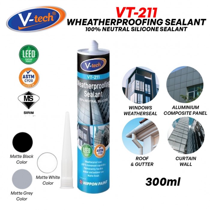 V-Tech VT-211 Weatherproofing Sealant 100% Neutral Silicone Sealant 300ML - Matte Black/ Matte Grey/ Matte White