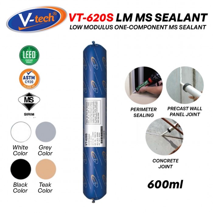 V-Tech VT-620S LM MS Sealant Low Modulus One-Component MS Sealant 600ML Sausage - Black/ Grey/ White/ Teak