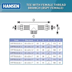 Hansen Fittings HTFTB32.25.½ Tee with Female Thread Branch  32 x 25 x ½"