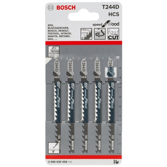 Bosch #2608630058 T244D Jigsaw Blade For Wood 100MM (L) x 5PCS