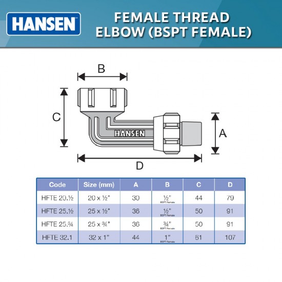 Hansen Fittings HFTE 32.1 Female Thread Elbow 32MM x 1" - Black Hansen Fittings HFTE 32.1 Female Thread Elbow 32MM x 1" - Black