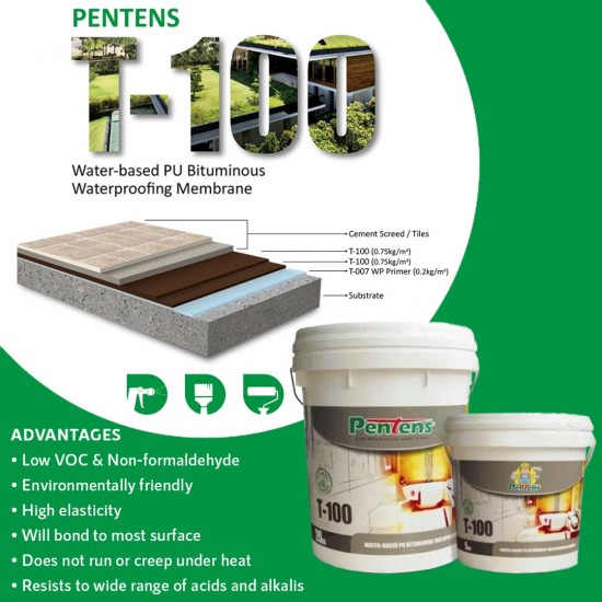 Pentens T-100 Water-based PU Bituminous Waterproofing Membrane 5KG Pentens T-100 Water-based PU Bituminous Waterproofing Membrane 5KG
