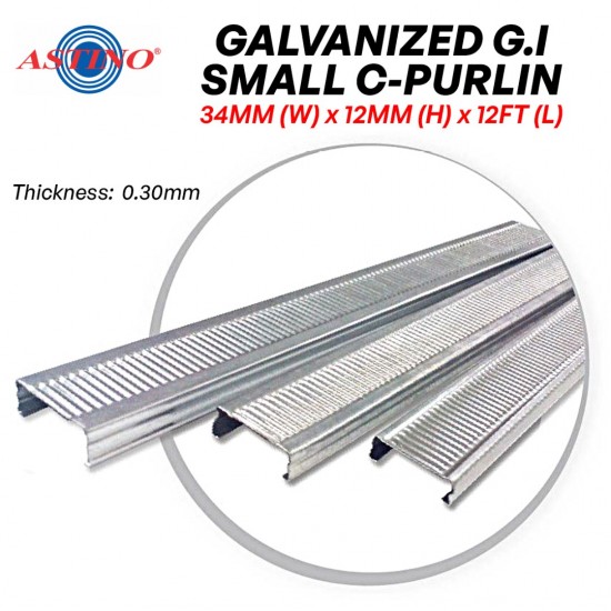 Astino Galvanized G.I Small C-Purlin For Plaster Ceiling Works 34MM (W) x 12MM (H) x 0.30MM (T) x 3657.6MM 12' (L)