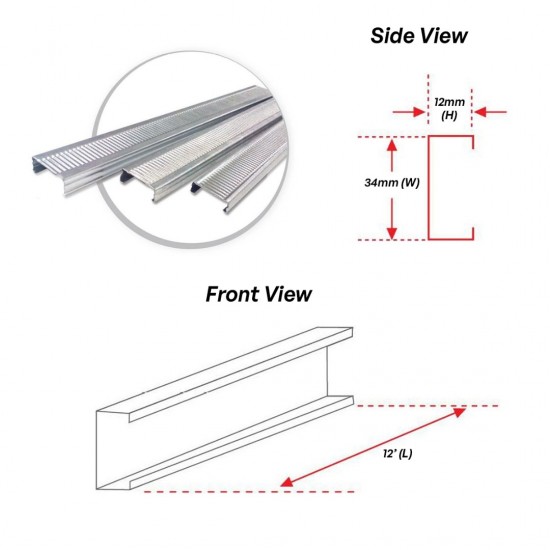 Astino Galvanized G.I Small C-Purlin For Plaster Ceiling Works 34MM (W) x 12MM (H) x 0.30MM (T) x 3657.6MM 12' (L)