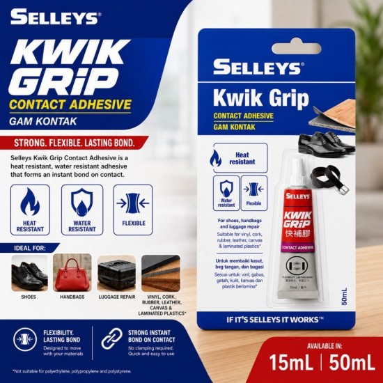 Selleys Kwik Grip Contact Adhesive, Ideal for Leather, Rubber Surfaces 15ml/50ml Selleys Kwik Grip Contact Adhesive, Ideal for Leather, Rubber Surfaces 15ml/50ml