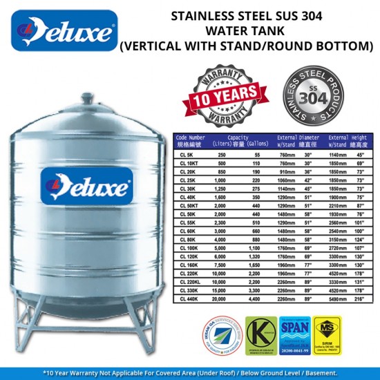 Deluxe CL25K Vertical Round Bottom With Stand SUS304 Stainless Steel Water Tank 1000L/220G Deluxe CL25K Vertical Round Bottom With Stand SUS304 Stainless Steel Water Tank 1000L/220G