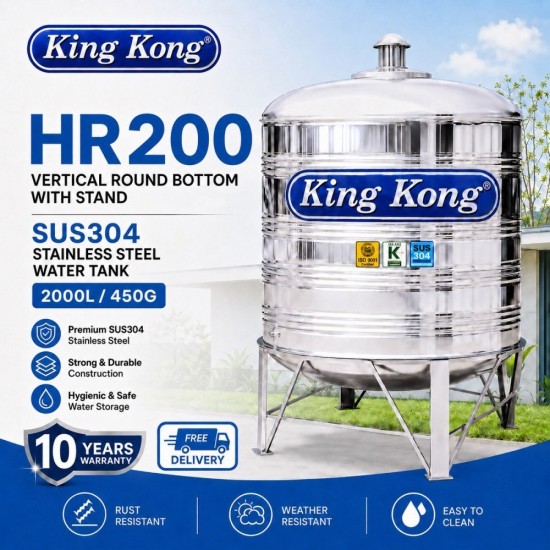King Kong HR200 Vertical Round Bottom With Stand Stainless Steel Water Tank 2000L/450G