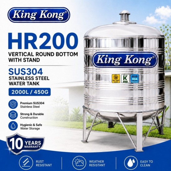 King Kong HR200 Vertical Round Bottom With Stand Stainless Steel Water Tank 2000L/450G King Kong HR200 Vertical Round Bottom With Stand Stainless Steel Water Tank 2000L/450G