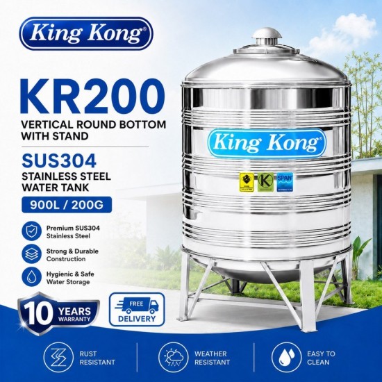 King Kong KR200 Vertical Round Bottom With Stand Stainless Steel Water Tank 900L/200G King Kong KR200 Vertical Round Bottom With Stand Stainless Steel Water Tank 900L/200G