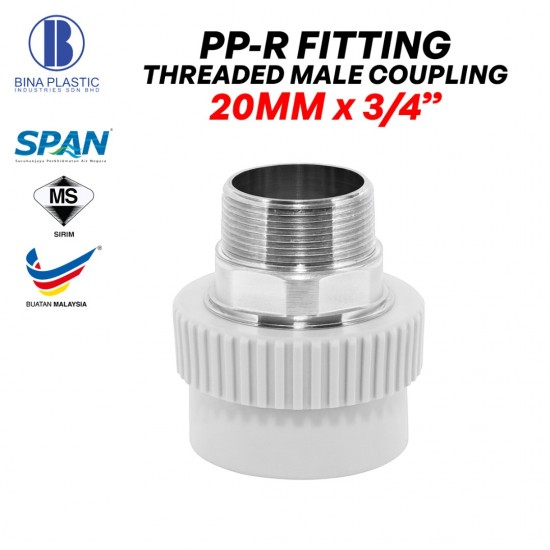 Bina Plastic PP-R Fittings Threaded Male Coupling 20MM x 3/4" (1PC) Bina Plastic PP-R Fittings Threaded Male Coupling 20MM x 3/4" (1PC)