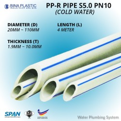 Bina Plastic PP-R Pipe PN10 S5.0 90MM (OD) x 8.2MM (T) x 4M (L) (COLD WATER) (1 LENGTH)