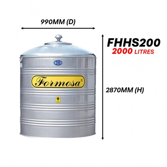 Formosa FHHS200 Vertical Flat Bottom Without Stand SUS 316 Stainless Steel Water Tank 2000L/450G Formosa FHHS200 Vertical Flat Bottom Without Stand SUS 316 Stainless Steel Water Tank 2000L/450G