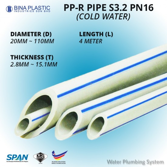 Bina Plastic PP-R Pipe PN16 S3.2 110MM (OD) x 15.1MM (T) x 4M (L) (COLD WATER) (1 LENGTH) Bina Plastic PP-R Pipe PN16 S3.2 110MM (OD) x 15.1MM (T) x 4M (L) (COLD WATER) (1 LENGTH)