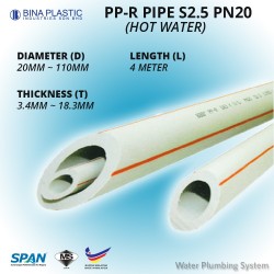 Bina Plastic PP-R Pipe PN20 S2.5 40MM (OD) x 6.7MM (T) x 4M (L) (HOT WATER) (1 LENGTH)
