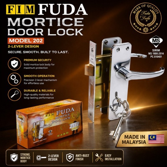 Fuda Mortice Door Lock - 2-Lever / 3-Lever / 202 (2-Lever) / Gate Lock (2-Lever)