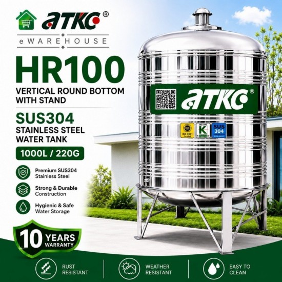 ATKC HR100 Vertical Round Bottom With Stand SUS304 Stainless Steel Water Tank 1000L/220G ATKC HR100 Vertical Round Bottom With Stand SUS304 Stainless Steel Water Tank 1000L/220G