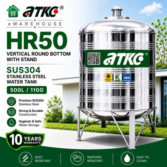 ATKC HR50 Vertical Round Bottom With Stand SUS304 Stainless Steel Water Tank 500L/110G