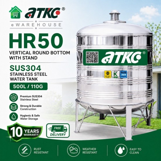 ATKC HR50 Vertical Round Bottom With Stand SUS304 Stainless Steel Water Tank 500L/110G