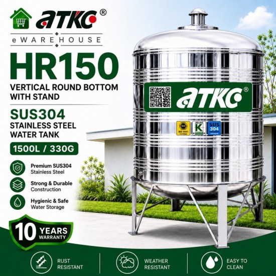 ATKC HR150 Vertical Round Bottom With Stand SUS304 Stainless Steel Water Tank 1500L/330G ATKC HR150 Vertical Round Bottom With Stand SUS304 Stainless Steel Water Tank 1500L/330G