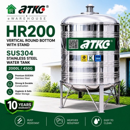 ATKC HR200 Vertical Round Bottom With Stand SUS304 Stainless Steel Water Tank 2000L/450G ATKC HR200 Vertical Round Bottom With Stand SUS304 Stainless Steel Water Tank 2000L/450G