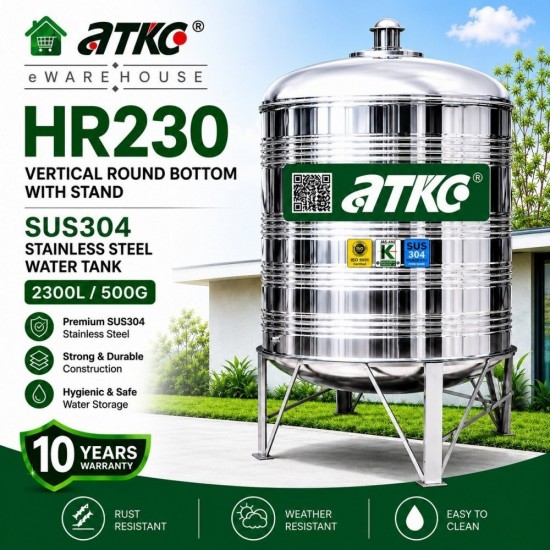 ATKC HR230 Vertical Round Bottom With Stand SUS304 Stainless Steel Water Tank 2300L/500G ATKC HR230 Vertical Round Bottom With Stand SUS304 Stainless Steel Water Tank 2300L/500G