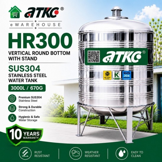 ATKC HR300 Vertical Round Bottom With Stand SUS304 Stainless Steel Water Tank 3000L/670G ATKC HR300 Vertical Round Bottom With Stand SUS304 Stainless Steel Water Tank 3000L/670G