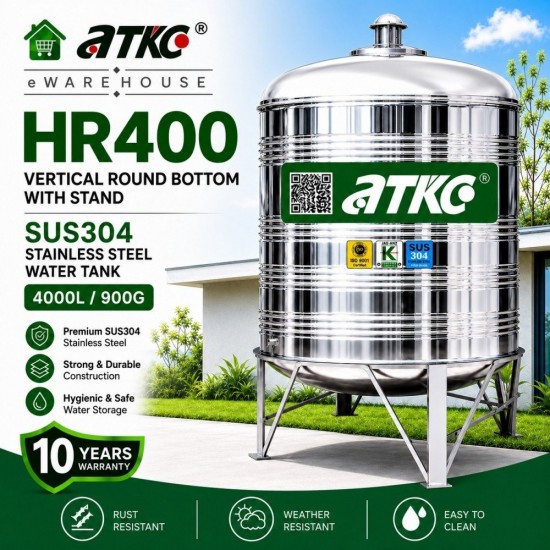 ATKC HR400 Vertical Round Bottom With Stand SUS304 Stainless Steel Water Tank 4000L/900G ATKC HR400 Vertical Round Bottom With Stand SUS304 Stainless Steel Water Tank 4000L/900G