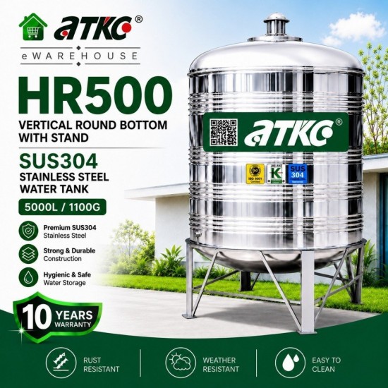 ATKC HR500 Vertical Round Bottom With Stand SUS304 Stainless Steel Water Tank 5000L/1100G ATKC HR500 Vertical Round Bottom With Stand SUS304 Stainless Steel Water Tank 5000L/1100G