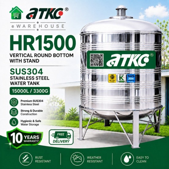 ATKC HR1500 Vertical Round Bottom With Stand SUS304 Stainless Steel Water Tank 15000L/3300G ATKC HR1500 Vertical Round Bottom With Stand SUS304 Stainless Steel Water Tank 15000L/3300G