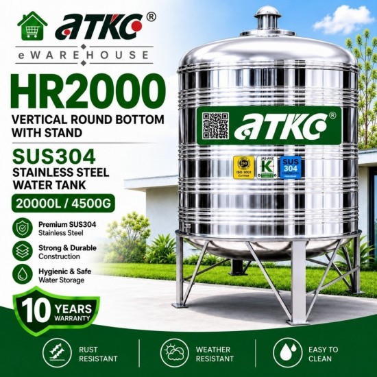 ATKC HR2000 Vertical Round Bottom With Stand SUS304 Stainless Steel Water Tank 20000L/4500G ATKC HR2000 Vertical Round Bottom With Stand SUS304 Stainless Steel Water Tank 20000L/4500G
